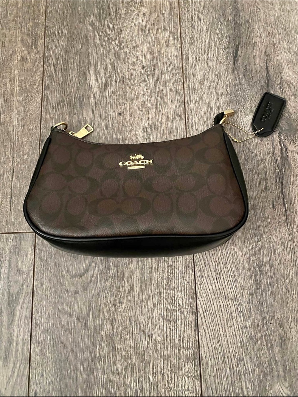 Coach Dark Brown Signature Mini Shoulder Bag with Black Trim